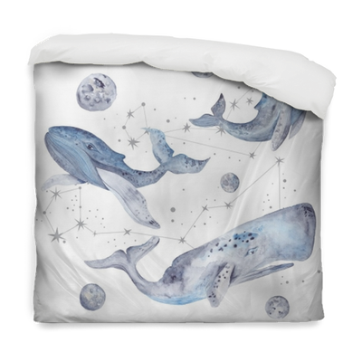 Watercolor Illustration With Whales And Stars Duvet - Whales Illustrations (400x400), Png Download