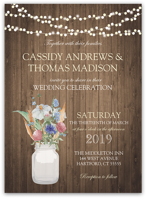 Rustic Mason Jar Wheat Wildflower Wedding Invitations - Png Mason Jar Lights (900x900), Png Download