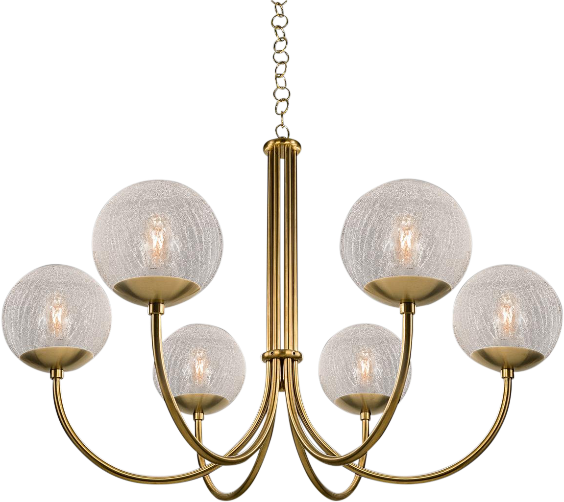 Oxford Brushed Brass 6 Arm Cracked Glass Globes Pendant - Chandelier (1278x1139), Png Download