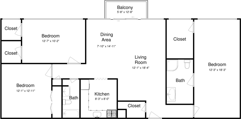 3 Bed, 2 Bath Deluxe - Floor Plan (1024x768), Png Download