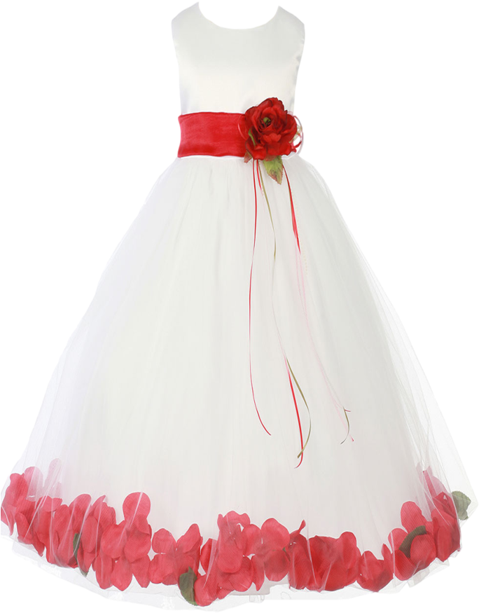 Red Satin & Tulle Flower Petal Dress W Sash - Girl (683x1024), Png Download