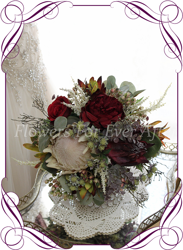 Silk Artificial Ivory And Burgundy Protea And Australian - Peony Rose And Dahlia Bouquet (608x822), Png Download