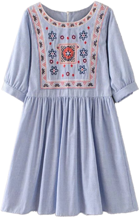 Striped Embroidered Smock Mini Dress - Blue Stripe With White Embroidery (558x744), Png Download