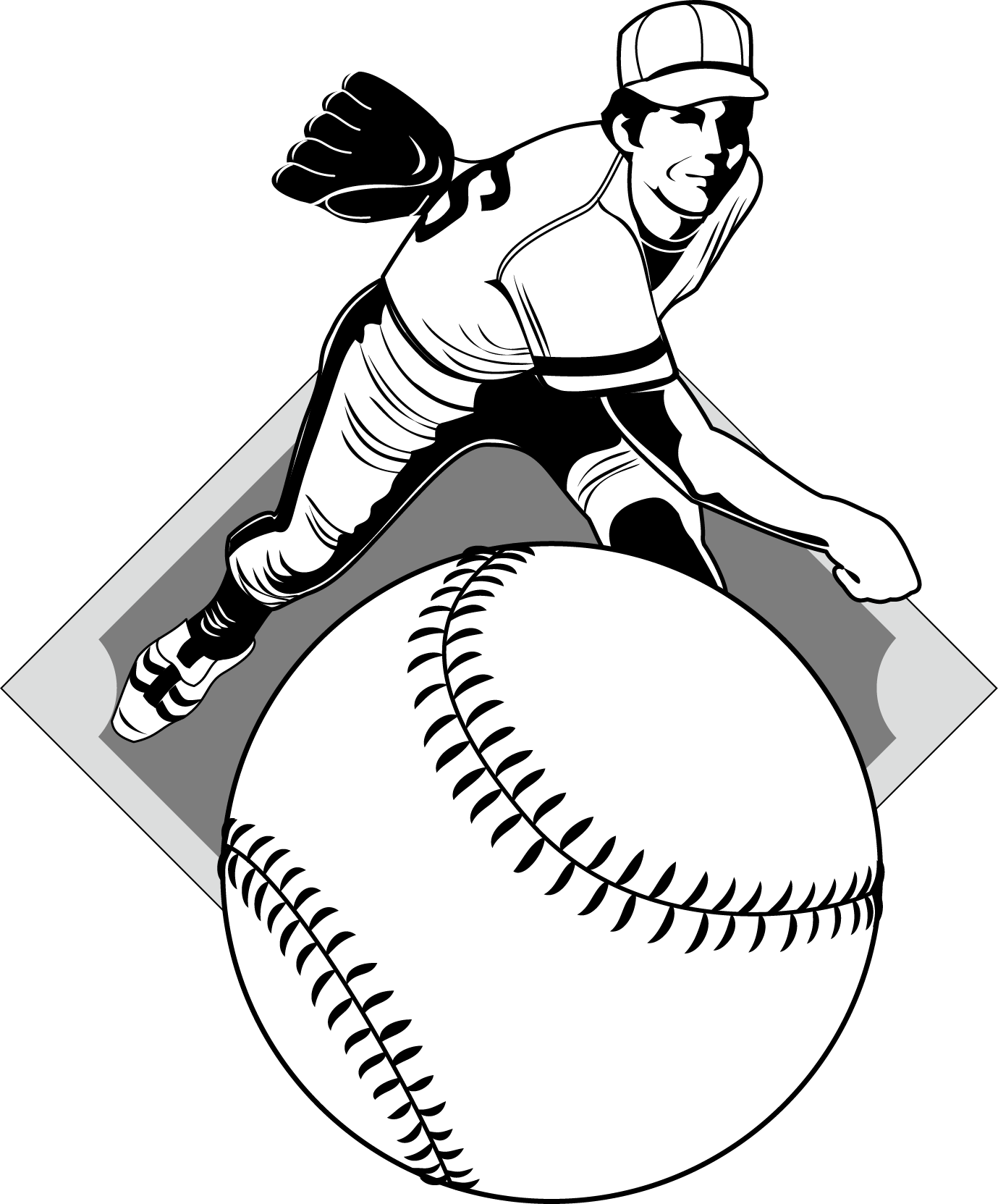 Pitcher Baseball Player Clip Art - Baseball Clipart Softball Black And White (1379x1663), Png Download
