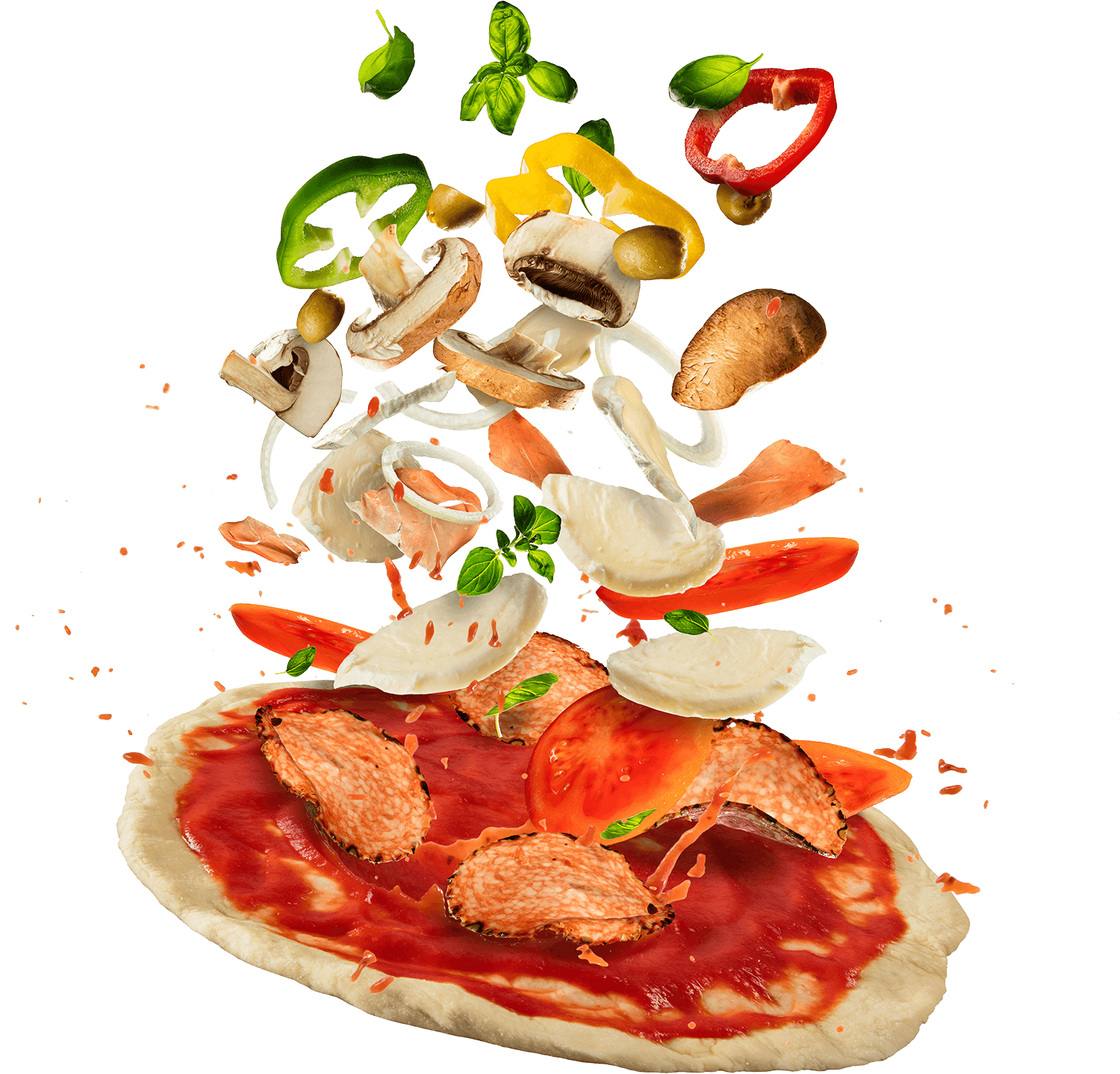 Learn More - Flying Ingredients Pizza (1500x1438), Png Download