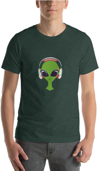 Green Alien Dj With Headphones Short Sleeve T Shirt - T-shirt (600x600), Png Download