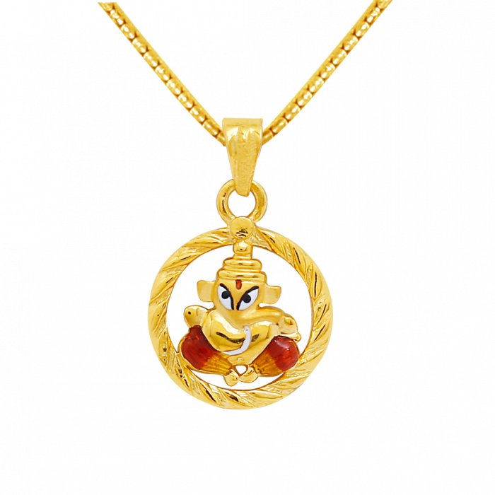 Gold Ganesha With Enameled Pendant - Gold Necklace Circle Pendant (700x700), Png Download