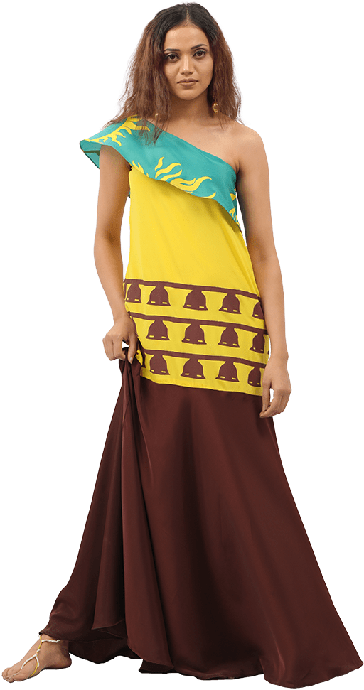 Bahubali 2 Yellow & Coffee Cinch Maxi Dress - Photo Shoot (640x1060), Png Download