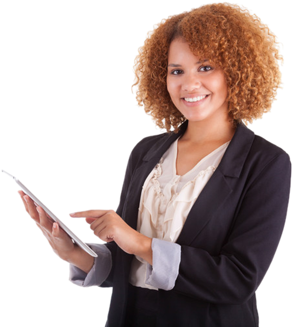 Woman With Tablet Transparent (629x760), Png Download