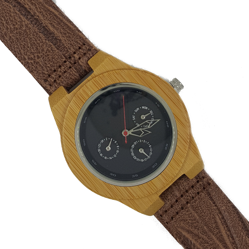 Wooden Bamboo Watch With Leather Strap - Analog Watch (1024x1024), Png Download