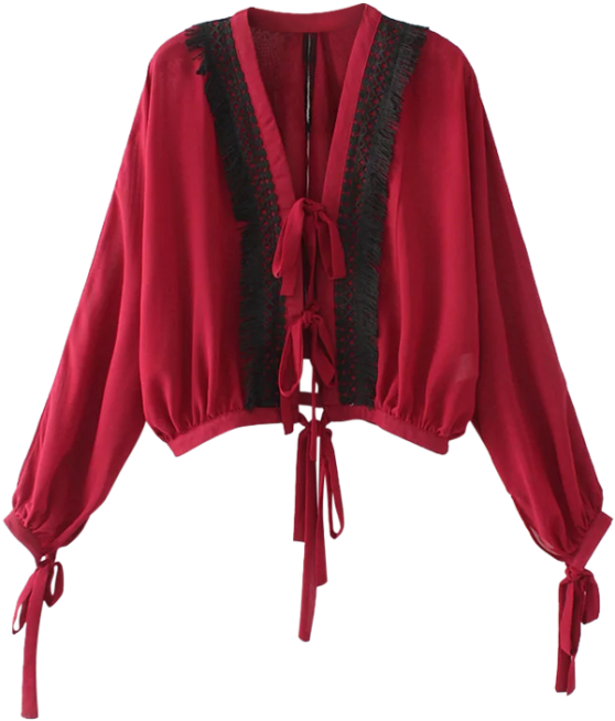 Contrast Lace Bow Tie Top - Cardigan (558x744), Png Download