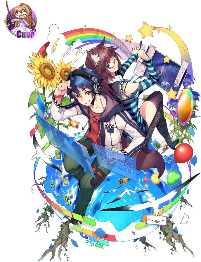 Renders Render Couple Cyber Technologie Neko Multicolore - Cartoon (700x900), Png Download
