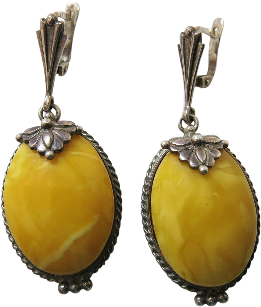 Vintage Silver And Egg Yolk Baltic Amber Lever-back - Earrings (1013x1013), Png Download