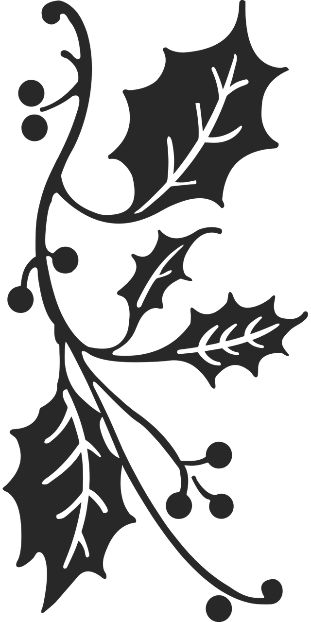 Holly, Winter, Christmas, Holiday, Xmas, Decoration - Black And White Christmas Holly (640x1280), Png Download