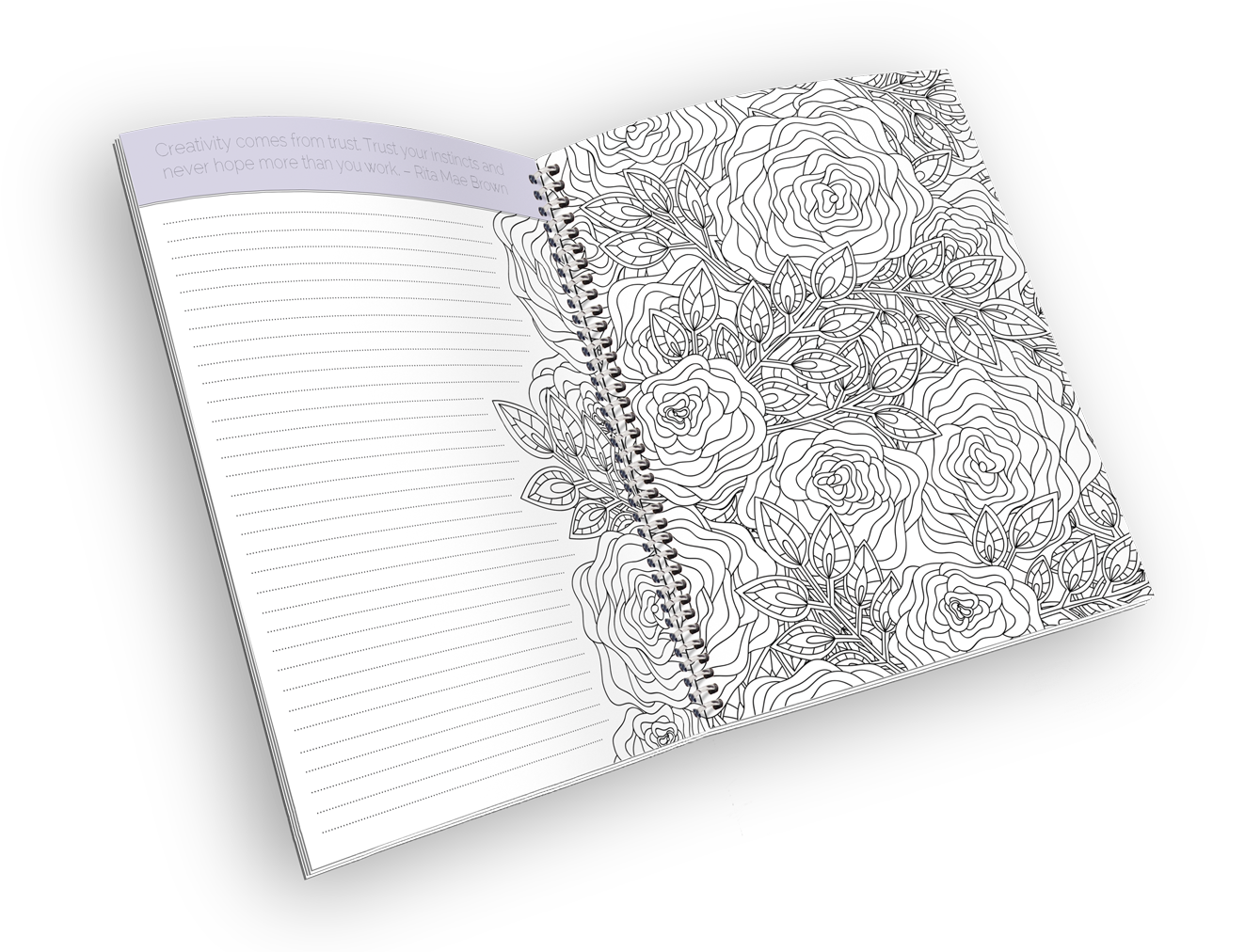 Open Spiral-bound Coloring Journal With A Rose Outline - Book (1334x1026), Png Download