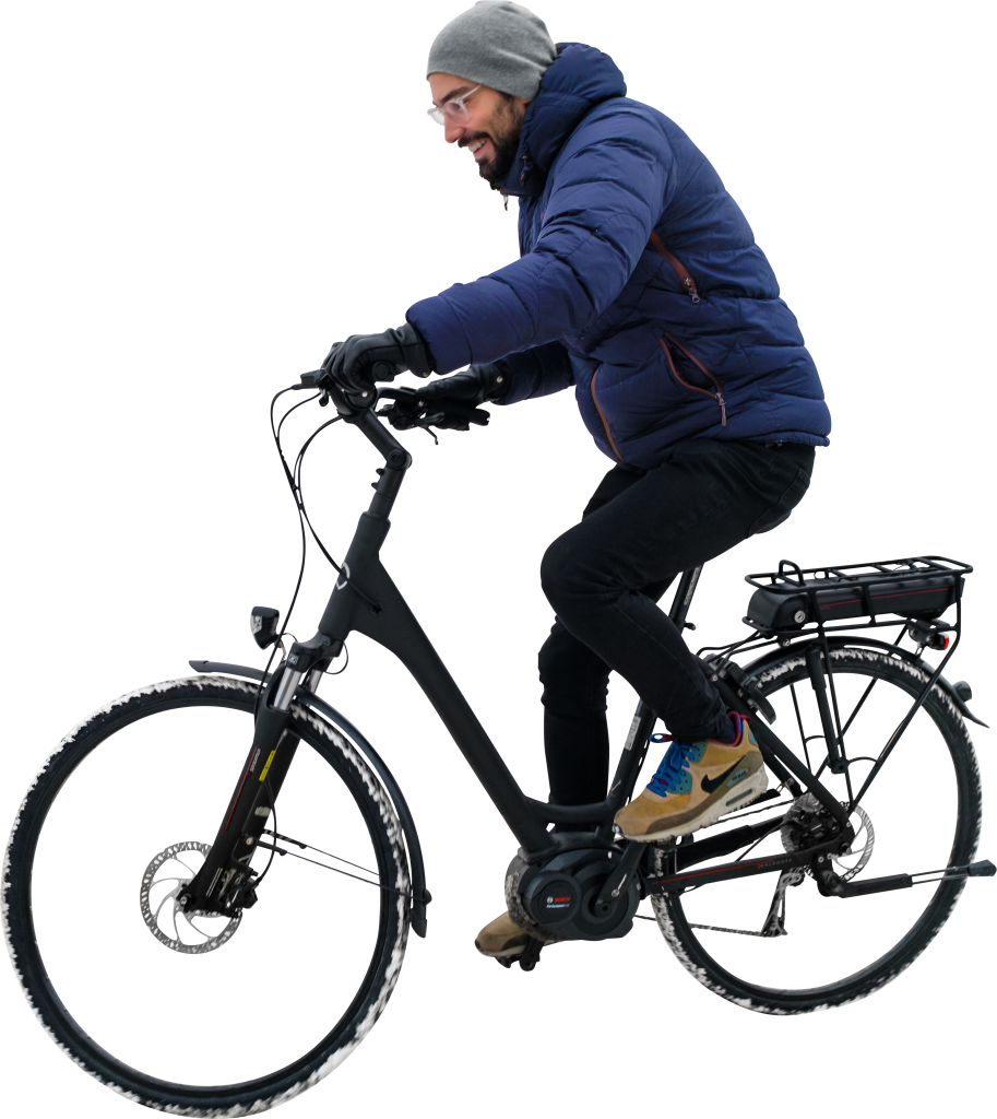 Is Winter Cycling His Electric Bike Png Image - Person On Bike Png (913x1024), Png Download