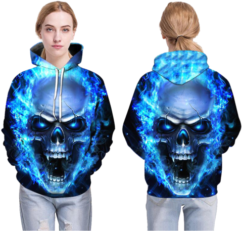 3d Blue Flame Skull Hoodies [ Free Shipping] - Blue Skull Sweatshirt (540x600), Png Download