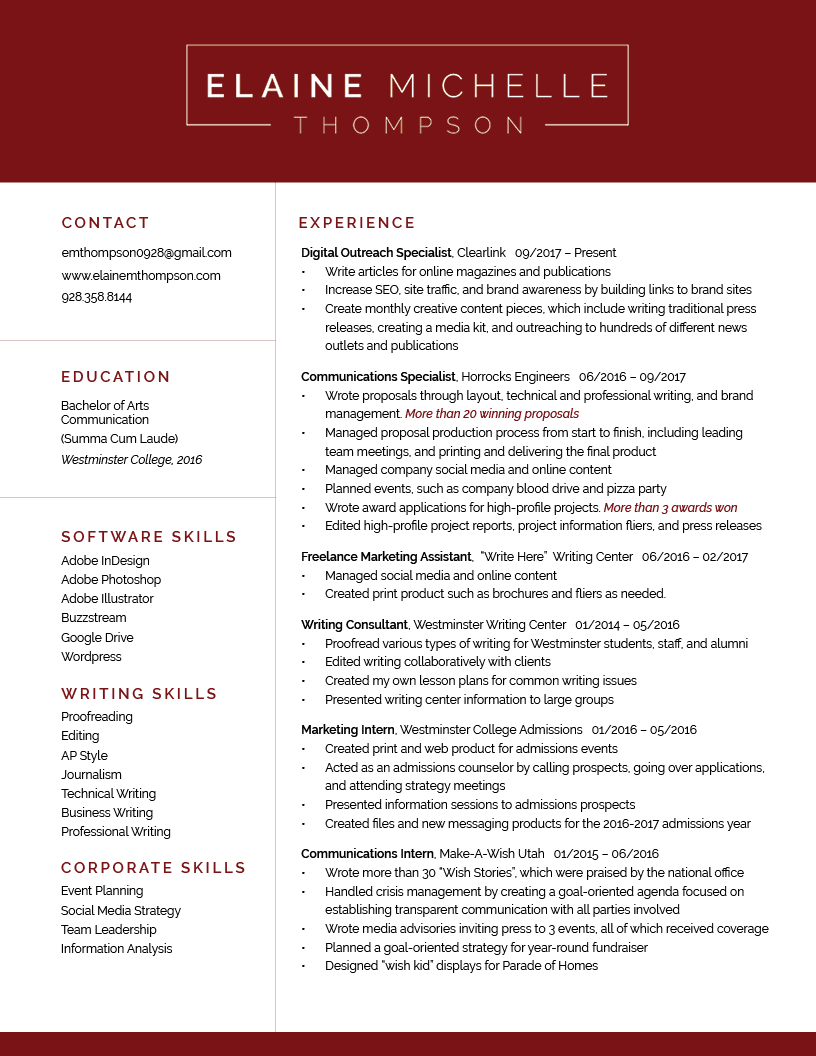 Elaine Thompson Resume 2018 - Plaza De San Marcos (816x1056), Png Download