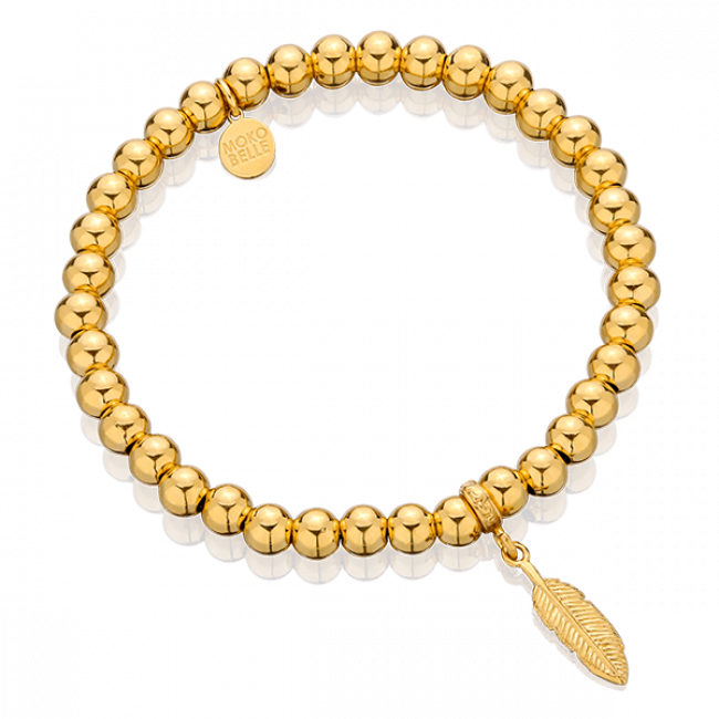 Gold-plated Beaded Bracelet With Feather - Bracelet (650x650), Png Download