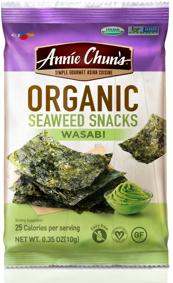 Organic Wasabi Seaweed Snacks - Annie Chun's Organic Seaweed Snacks Sea Salt 0.35 Oz (980x980), Png Download
