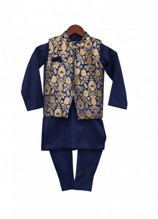 Blue Brocade Nehru Jacket With Kurta & Churidar - Pajamas (506x700), Png Download