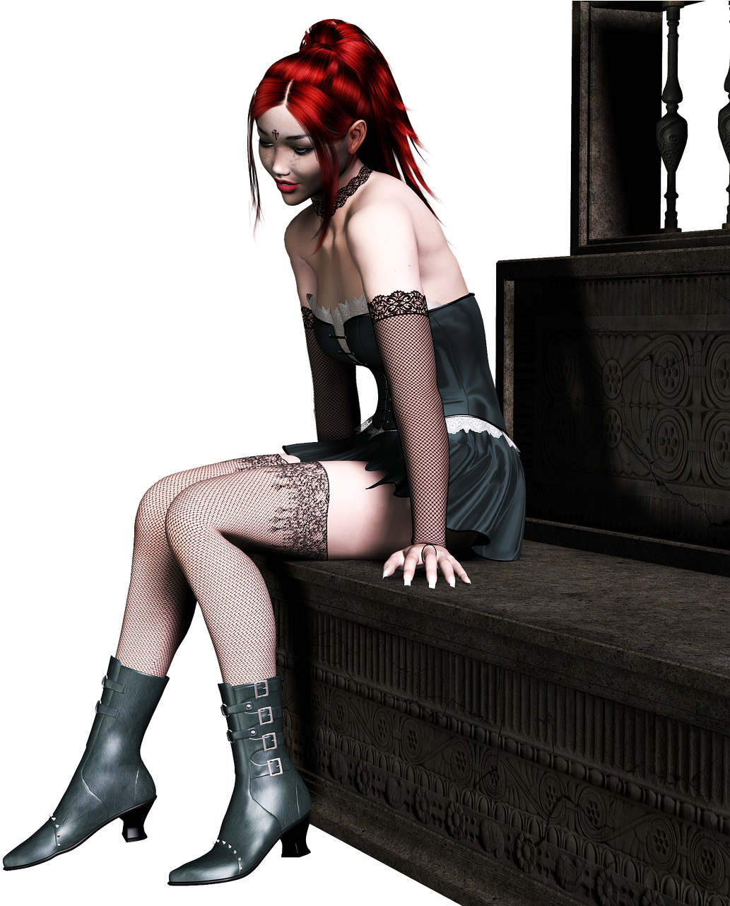 Hair,sitting,pensive - Girl Red Hair 3d (1074x1280), Png Download