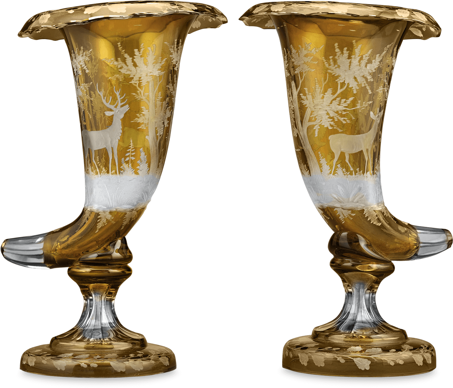 Amber Glass Cornucopia Vases With Woodland Scene - Antique (1750x1750), Png Download