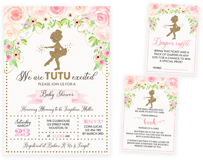 Pink And Gold Floral Tutu Ballerina Baby Shower Invitation - Ballerina Baby Shower Invitations (819x1024), Png Download
