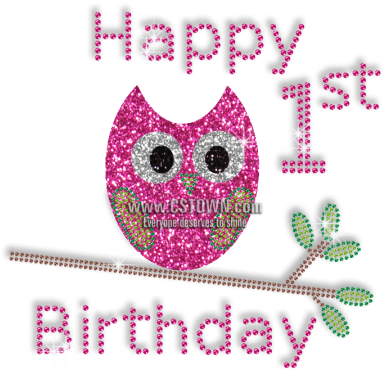 Happy 1st Birthday And Cute Owl Iron On Bling Transfer - Happy 1st Birthday Owl (450x450), Png Download