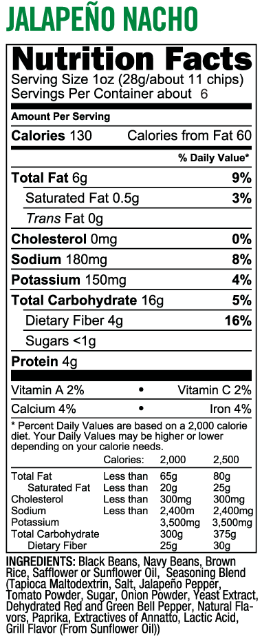 Jalapeño Nacho Bean Chips - Nutrition Facts (1000x1000), Png Download