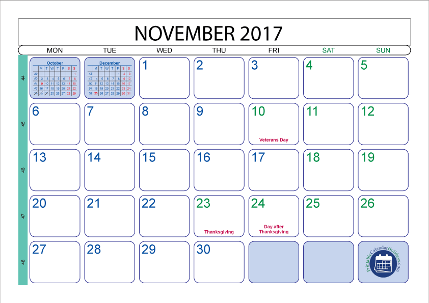 November 2017 Printable Calendar Template 2018 - Number (842x595), Png Download