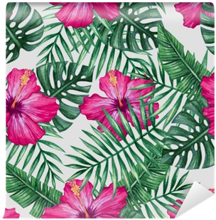 Watercolor Orchid Flower And Palm Leaves Seamless Pattern - Suabo Polyester Waterproof Fabric Shower Curtain Decorative (400x400), Png Download