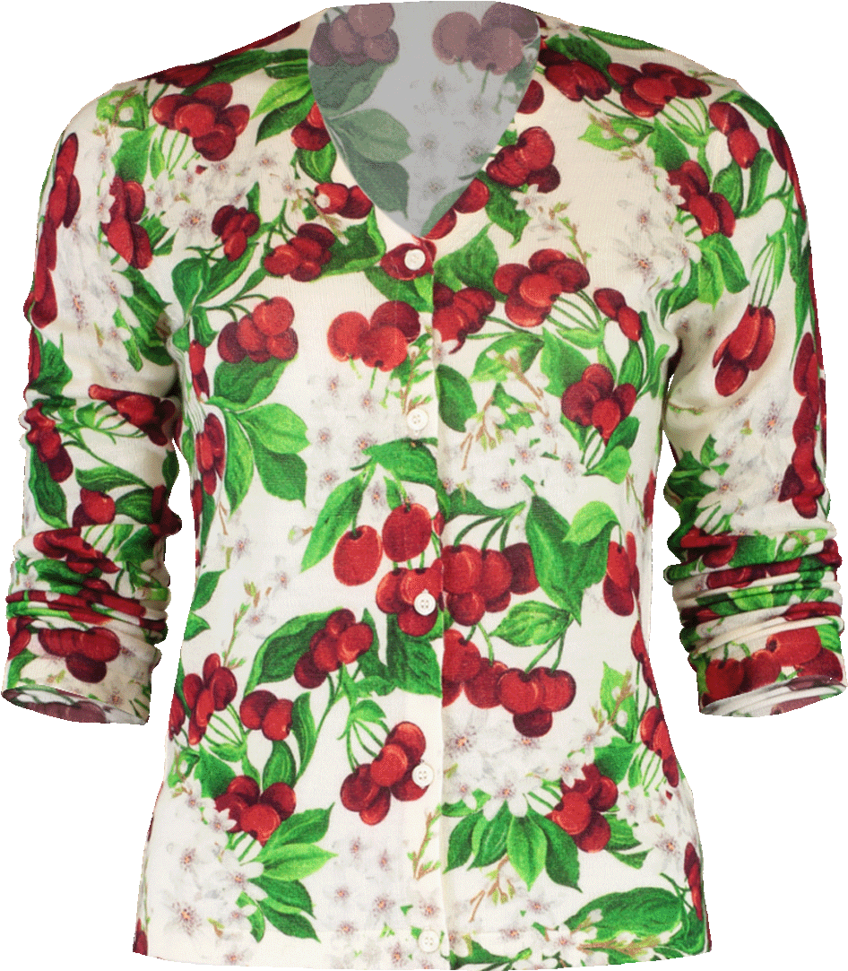 Red Cherry Blossom Print Cardigan - Blouse (960x1223), Png Download