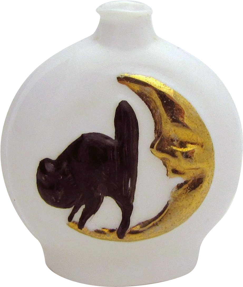 Vintage Art Deco Halloween Black Cat On Moon Milk Glass - Ceramic (1089x1089), Png Download