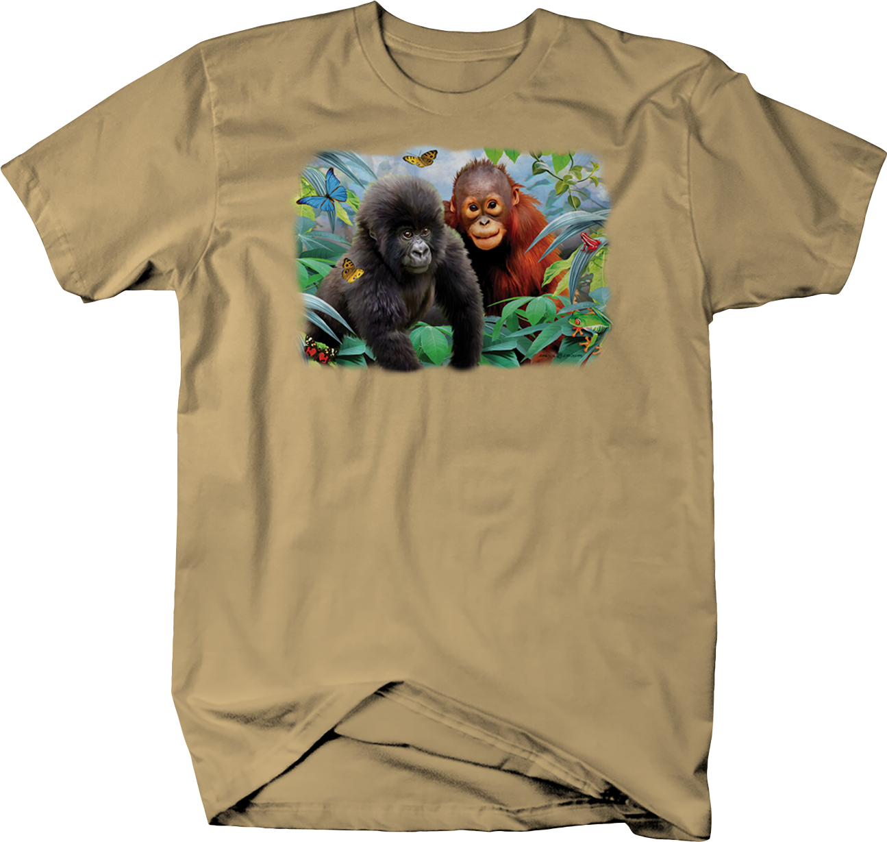 Baby Girlla And Baby Chimpanzee Sitting Jungle Shirt - T-shirt (1295x1229), Png Download