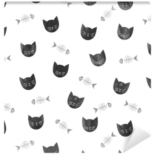 Seamless Pattern With Watercolor Black Cats And Fishbones - Cat (400x400), Png Download